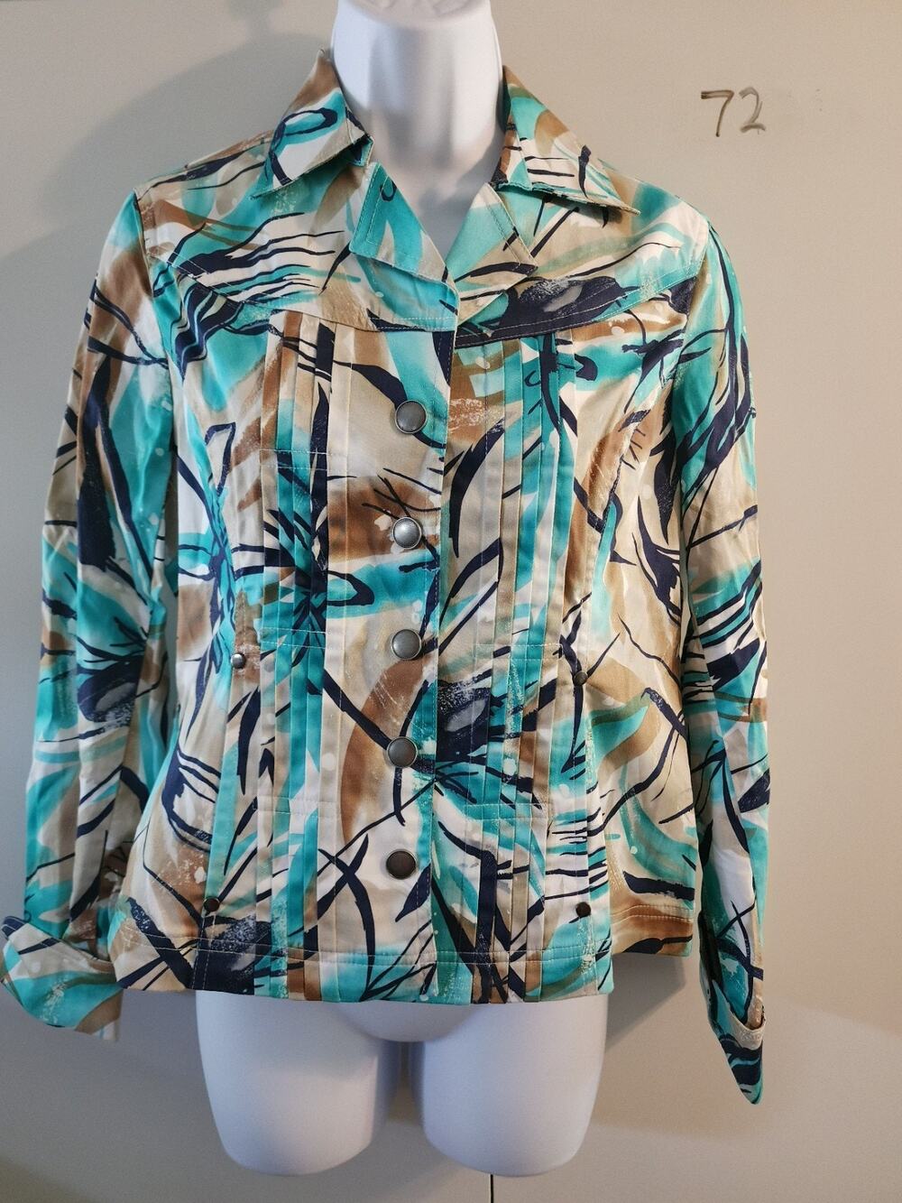 Coldwater Creek Womens Petite 6 Turquoise Abstract Floral Button Jacket Shirt P6